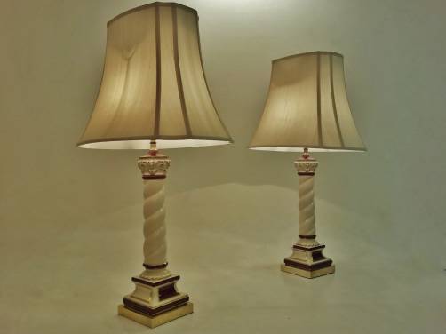 Pair vintage Neoclassical ceramic gold gilded & brass table lamps, 1970`s ca, Italian